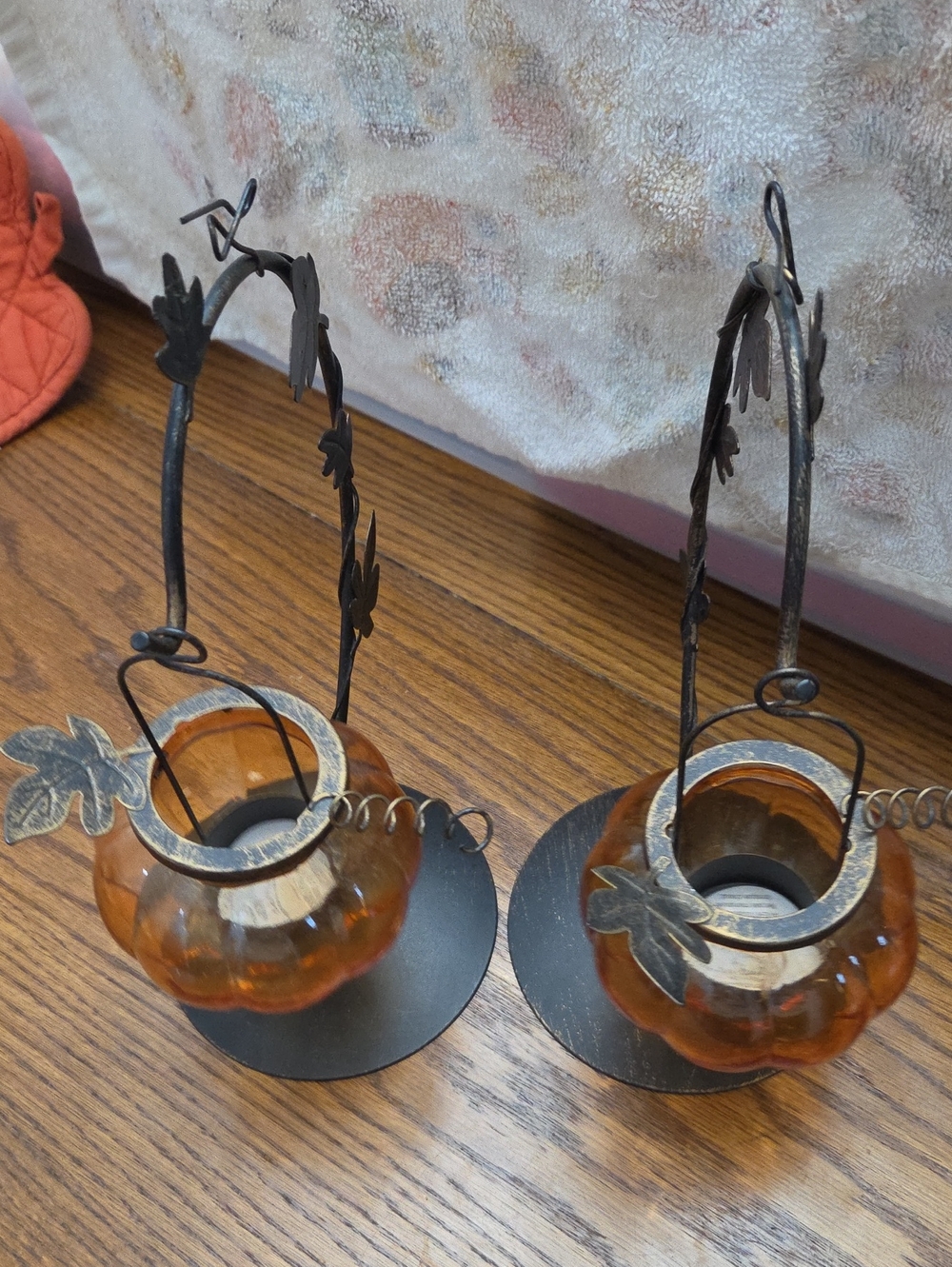 Pier 1 Amber Glass Pumpkin Tea Light Holders with Black Leaf Stands, Pair